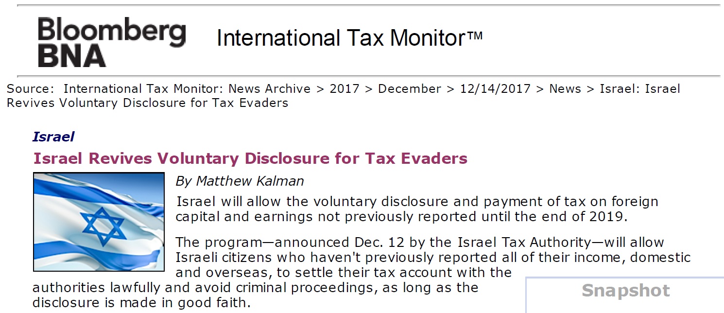 Israel Revives Voluntary Disclosure for Tax Evaders