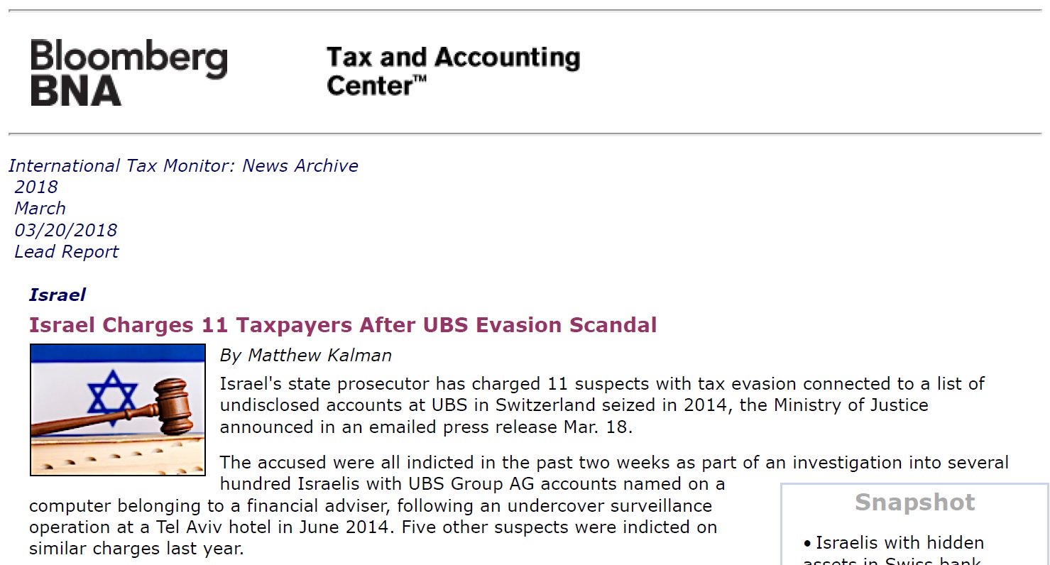 Israel Charges 11 Taxpayers After UBS Evasion Scandal
